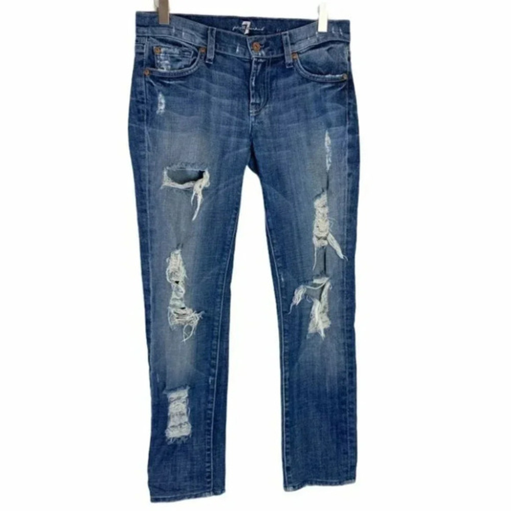 7 For All Mankind Roxanne‎ Slim Jeans 25 Blue Distressed Ripped Destroyed USA
